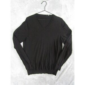 UNIQLO XL Black V Neck 100% Wool Merino Sweater Men's Long Sleeve Pullover